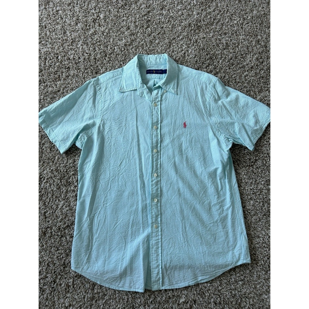 Ralph Lauren Shirt Mens Large Teal Stripe Seersucker Short Sleeve Button Down